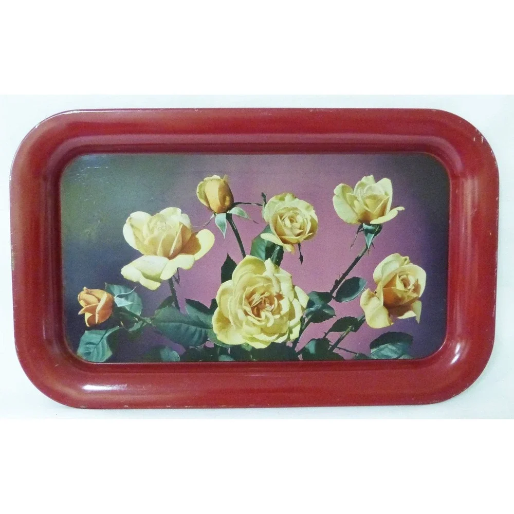 TV tray metal/tin vintage snack lap serving‎ red with roses flowers